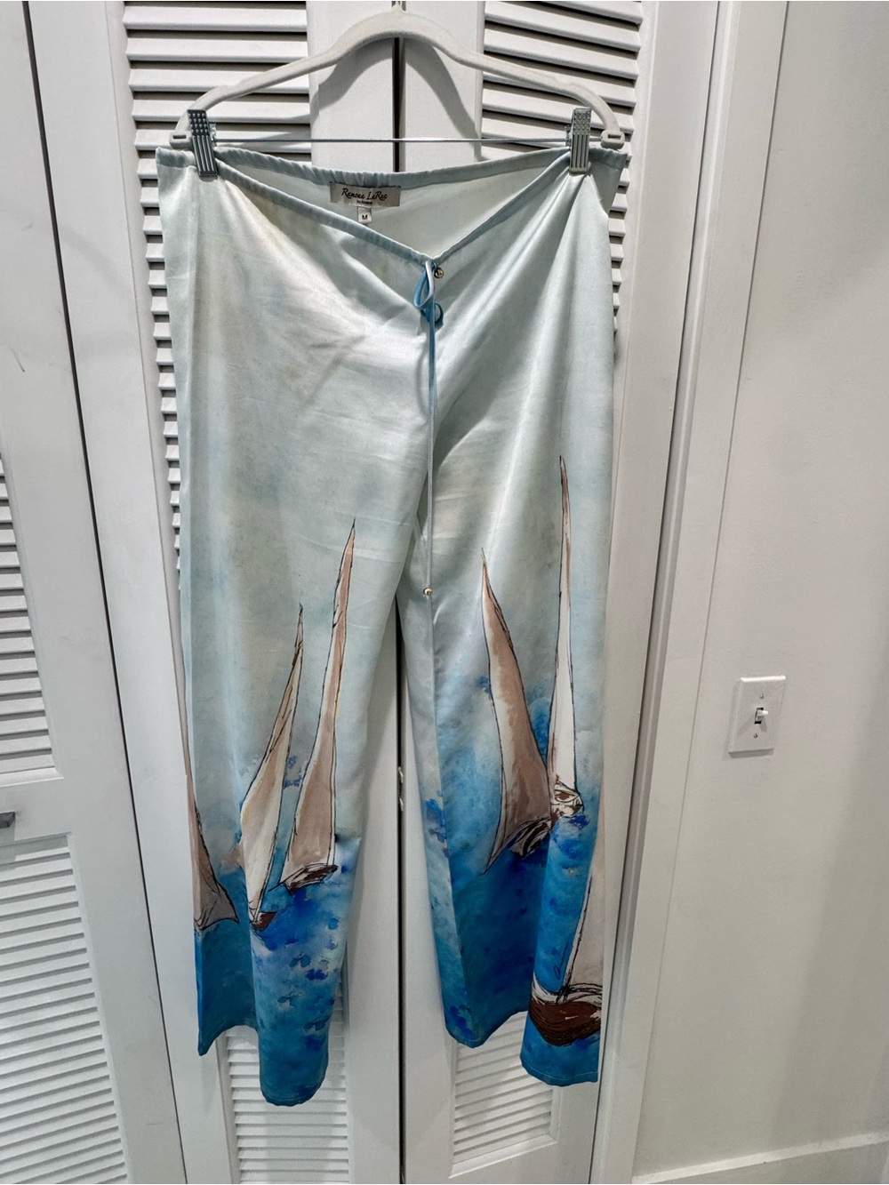 Hand-Painted Sailboat Wide Leg Pants in Light Blue